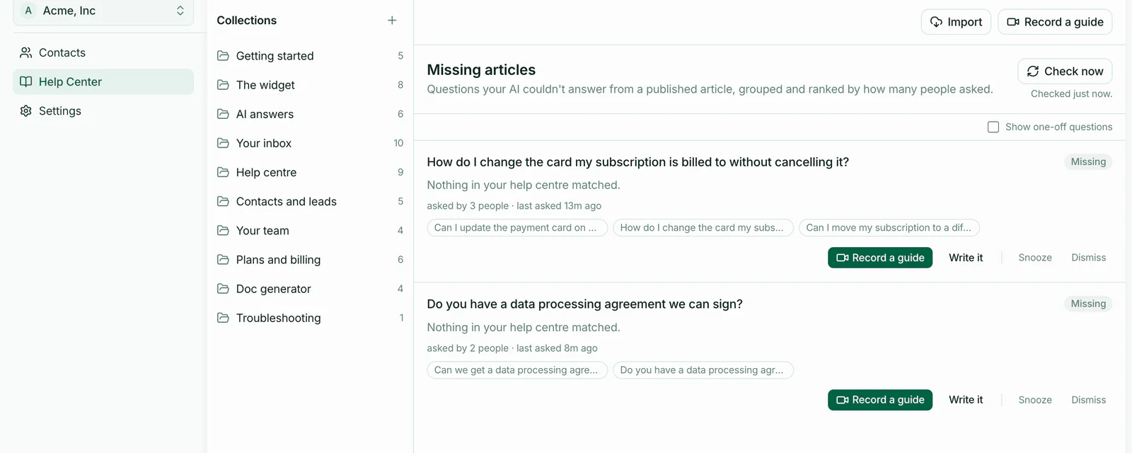The Missing articles backlog in HeyThula: “How do I change the card my subscription is billed to without cancelling it?”, tagged Missing, asked by 3 people, with the three customers’ own wordings listed underneath; below it a second gap about data processing agreements, asked by 2 people.