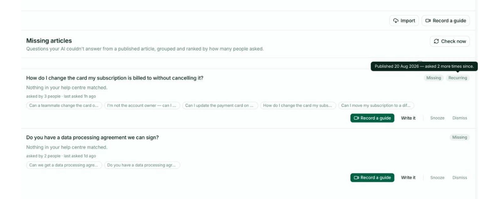 The same gap back in HeyThula’s Missing articles backlog after it was published: “How do I change the card my subscription is billed to without cancelling it?” now carries a Recurring chip beside Missing, and the tooltip open over it reads “Published 20 Aug 2026 — asked 2 more times since.” Underneath: asked by 3 people, last asked 1h ago, and the five question wordings clustered into it.