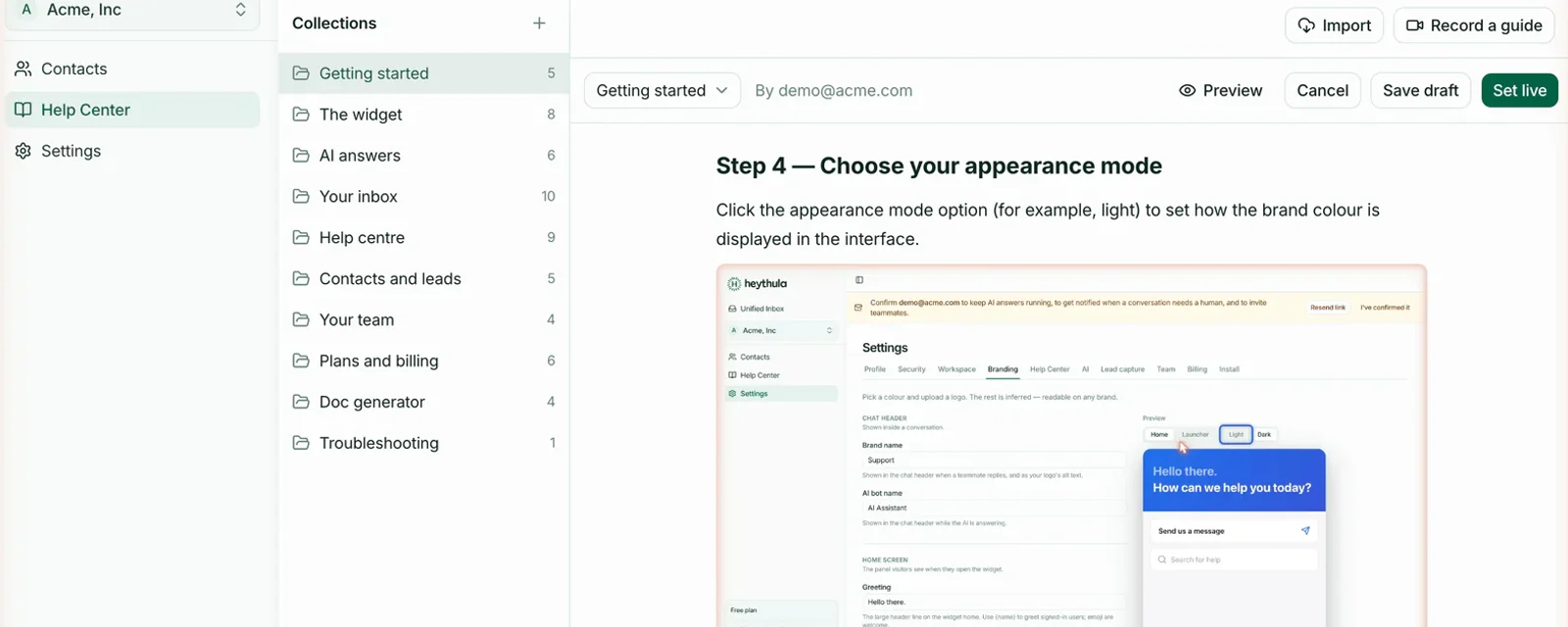 A guide the recorder wrote, open in the HeyThula editor: the step “Choose your appearance mode”, its instruction, and the screenshot captured at that click with a blue highlight box drawn around the button that was pressed.