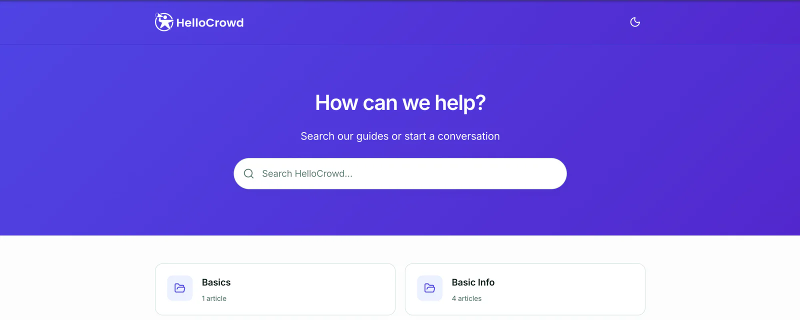 A published HeyThula help centre served on its own subdomain and styled to the customer’s brand: their logo in the header, “How can we help?” over a coloured banner, a search box, and collections of articles below.