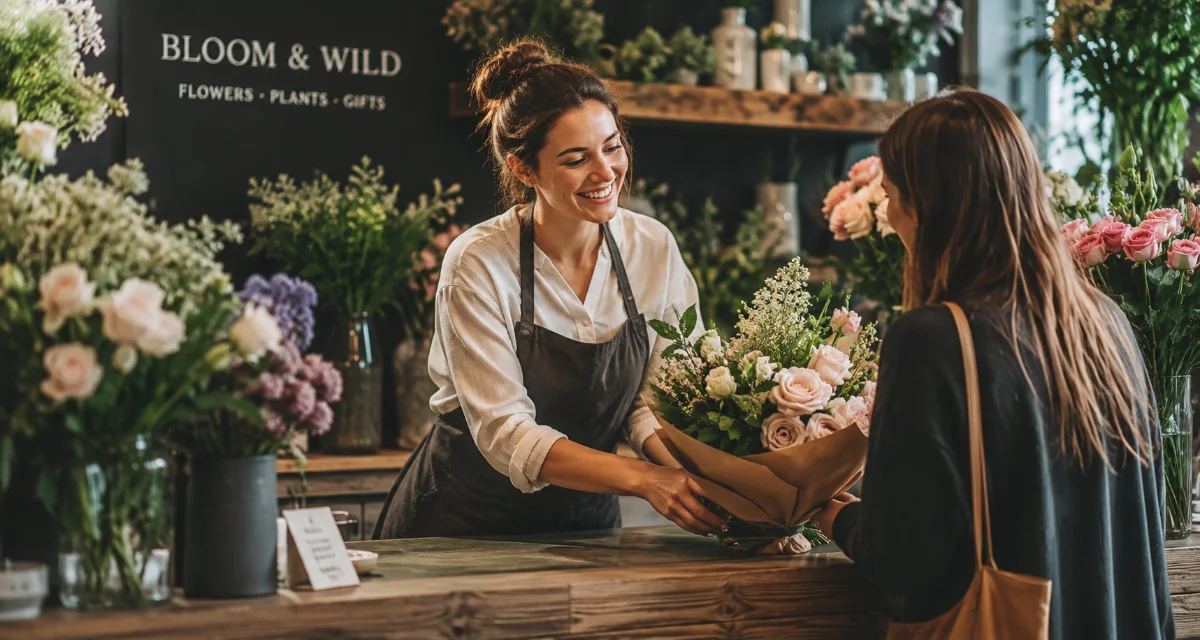 A florist at her bench wrapping stems, her phone propped up beside her.